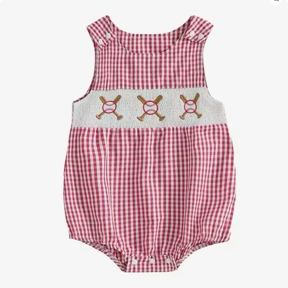 New Red Gingham Baby Romper “baseball” 12 months